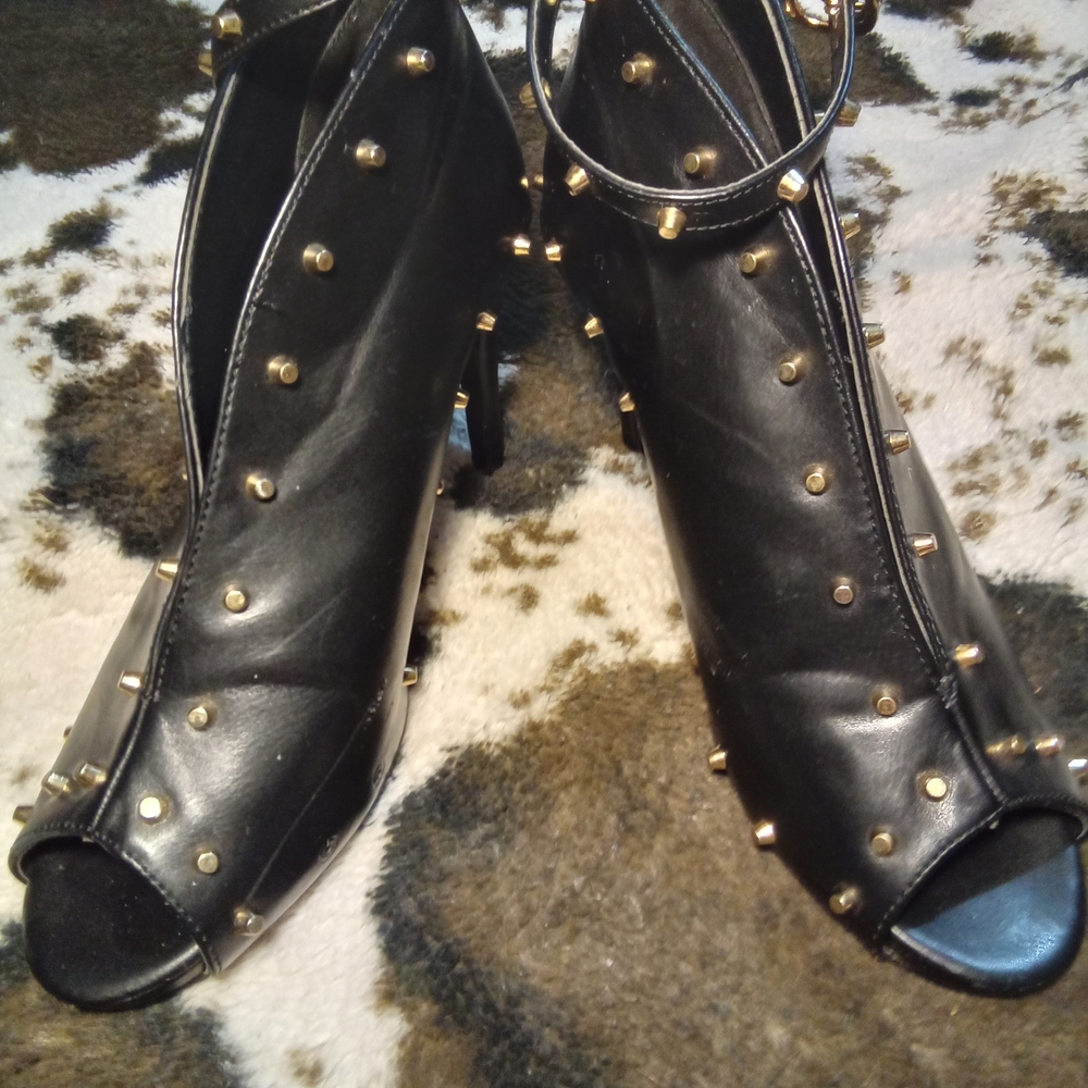 FSJ Black‎ Peep Toe Ankle Strap Summer Heeled Booties With Studs.